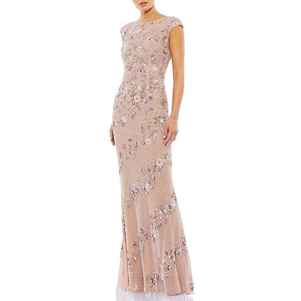 Mac Duggal Beaded Boat Neck Cap Sleeve Sheath Gown Nude/Silver Size 10 NWT